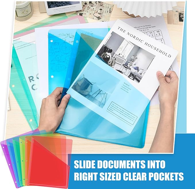 Seajan 24 Pcs Pocket Folders for 3 Ring Binder Clear Plastic Folders Sleeves with 2 Pockets 3 Hole Punch Binder Dividers Poly Slash File Jackets for Office School Document Organizer (Multicolor) - Image 4