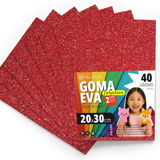 OFITURIA Glitter Foam Rubber for Crafts, Colourful Foam with Glitter for DIY, Creative Projects, Arts and School, 20 x 30 cm (Red, Pack of 40) by OFITURIA