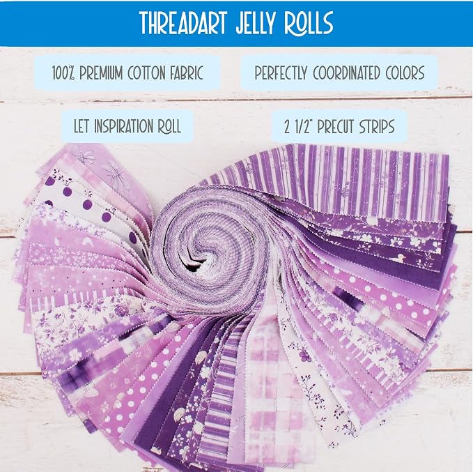 Threadart Purple Prints Jelly Roll - 40 Precut 2.5" Cotton Strips | 40 precut 2.5in cotton jelly roll strips - coordinated for quilts, patchwork, table runners, bags & DIY sewing - Image 3