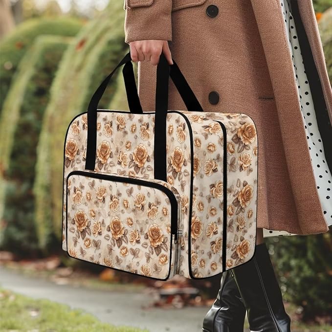 Sewing Machine Dust Bag Portable Travel Tote Bag Large Capacity Sewing Machine Storage Case Universal Versatile Organizer Bag with Handle and Soft Cushion, Retro Rose - Image 3