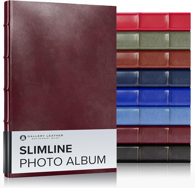 Gallery Leather Slimline Photo Album for 4x6 Pictures with Slip-In Pockets | and Writing Space Holds 120 Photos Premium Bonded Leather 3-Ring Binder, Made in USA, Acadia Burgundy - 11.75" x 8" by GalleryLeather