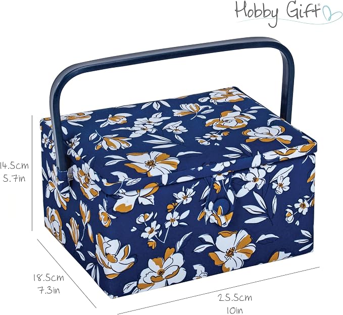 Hobby Gift Medium Sewing Box Organiser, Fabric Covered Storage Box with Handle, Internal Tray, Pin Cushion and Pocket for Sewing, Quilting and Knitting Supplies - Image 5