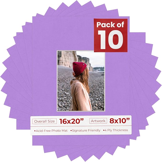 8x10 Mat for 16x20 Frame - Precut Mat Board Acid-Free Light Purple 8x10 Photo Matte For a 16x20 Picture Frame, Premium Matboard for Family Photos, Show Kits, Art, Picture Framing, Pack of 10 Mats by PosterPalooza