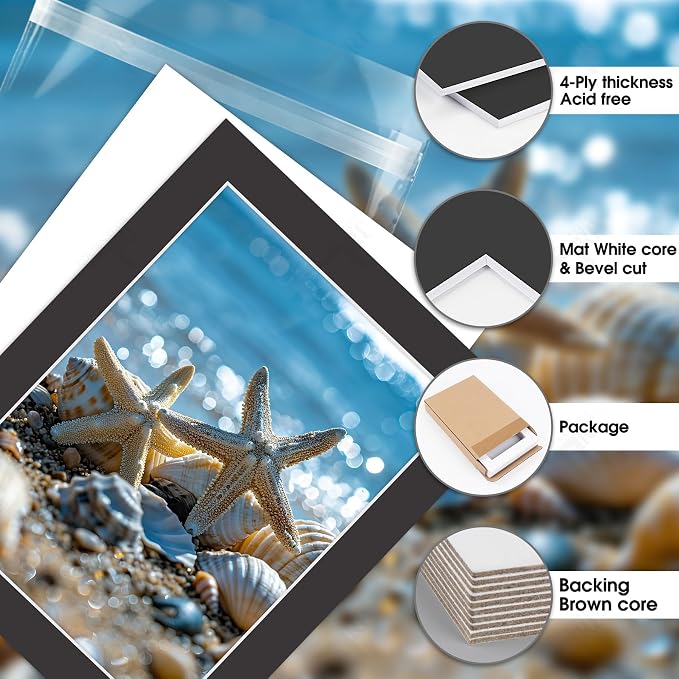 Golden State Art 5 Pack Black Mat 11x14 for 9x12 Photo Matte+Backings+Bags | Acid-Free,4-Ply Thick,Pre-Cut Kit Mattes,White Core,Bevel Cut,For Photos, Pictures,Artwork, Poster or Print Display - Image 3