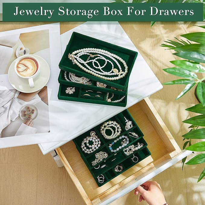 18 Pcs Jewelry Drawer Organizer Inserts, Stackable Jewelries Inserts for Dresser Drawers, Drawer Insert Organizers Velvet Jewelry Trays for Rings Earring Bangle Necklace(Dark Green) - Image 4
