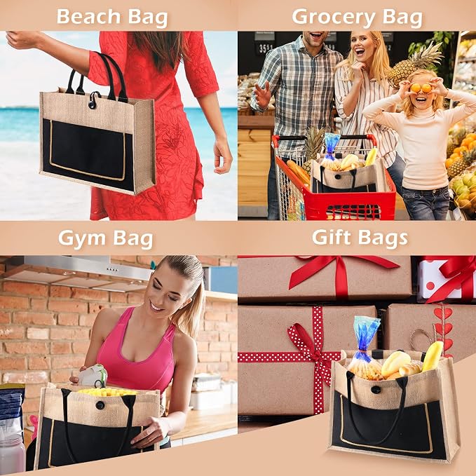 Reginary 8 Pack Burlap Jute Tote Bags 16.5x12.6x5.5 in Reusable Bags | Shopping Tote Bags with Handles for Wedding Gifts DIY Crafts Teacher Bags Grocery Beach Travel - Image 7