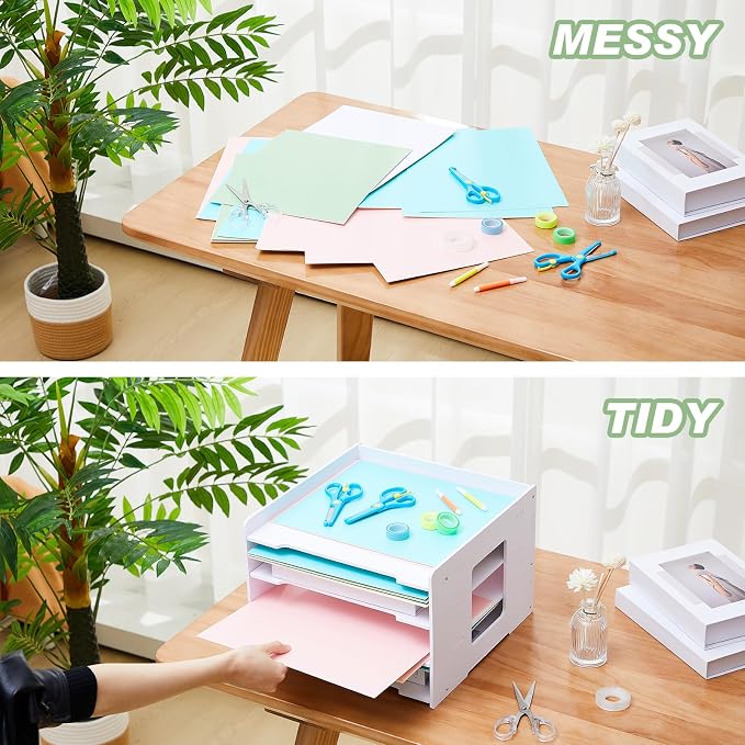 4 Tier Scrapbook Paper Organizer 8.3 x 12.6 x 12.6 Inch Stackable Paper Storage Holder for Desk Desktop File Organizer for Home Office Classroom School - Image 5