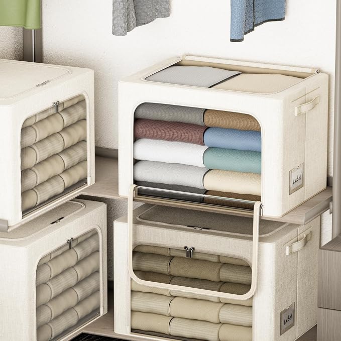 4 Pack Clothes Storage Bins with Metal Frame - 22L Stackable Storage Box with Lid，Foldable Storage Container Organizer for Clothes，Linen Fabric Storage Box with Clear Window＆Zippers＆Handles - Image 6