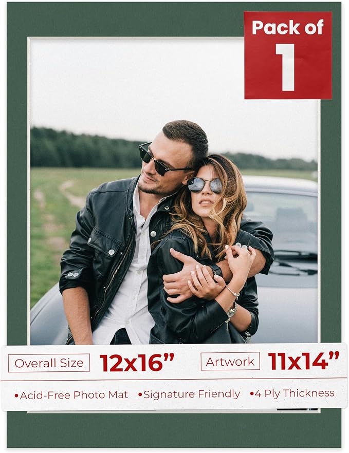 11x14 Mat for 12x16 Frame - Precut Mat Board Acid-Free Show Kit with Backing Board, and Clear Bags Hunter Green 11x14 Photo Matte Made to Fit a 12x16 Picture Frame Matboard for Framing, Pack of 1 Mat by PosterPalooza