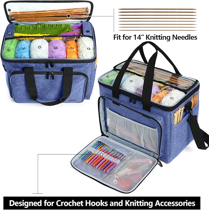Teamoy Knitting Bag, Yarn Storage Organizer Crochet Bag Tote, Dark Blue | Yarn Holder with Inner Divider(Sewn to Bottom) for Crochet Hook, Knitting Needles(Up to 14"), Project and Crocheting Supplies - Image 3