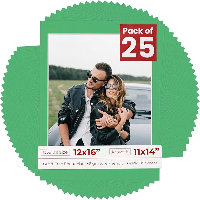 11x14 Mat for 12x16 Frame - Precut Mat Board Acid-Free Show Kit with Backing Board, and Clear Bags Bright Green 11x14 Photo Matte For a 12x16 Picture Frame Matboard for Framing, Pack of 25 Mats by PosterPalooza