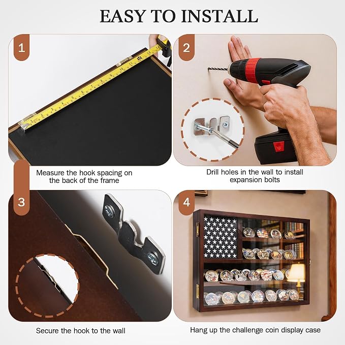 Walnut Colored Wooden America Flag Military Challenge Coin Display Case Holder，Challenge Coin Holder Display Case,15x11 Removable Star Board Hd Tempered Glass Door（Not Acrylic,Wall Mount. - Image 7
