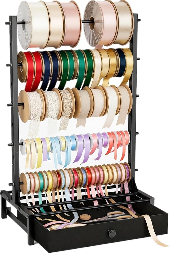 Ribbon Organizer with Fabric Drawer, Adjustable 5-Tier Ribbon Holder, Large Capacity Stable Ribbon Storage Rack for Craft Room, Gift Wrapping & Florist Supplies by TIPSYTREE