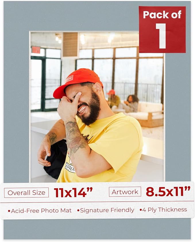 8.5x11 Mat for 11x14 Frame - Precut Mat Board Acid-Free Show Kit with Backing Board, and Clear Bags Metallic Silver 8.5x11 Photo Matte For a 11x14 Picture Frame Matboard for Framing, Pack of 1 Mat by PosterPalooza