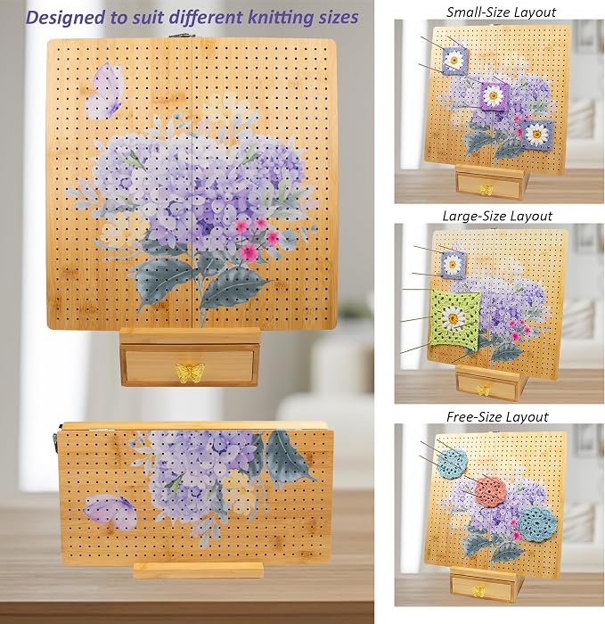 Crochet Cast Foldable 15” Bamboo Crochet Blocking Board + Stand and Drawer | 40 Stainless Steel Rods, Large Storage Bag, Anti‑Slip Feet, Thick Mat, High Quality Pegs, Two Compartments, Uniform Holes - Image 6