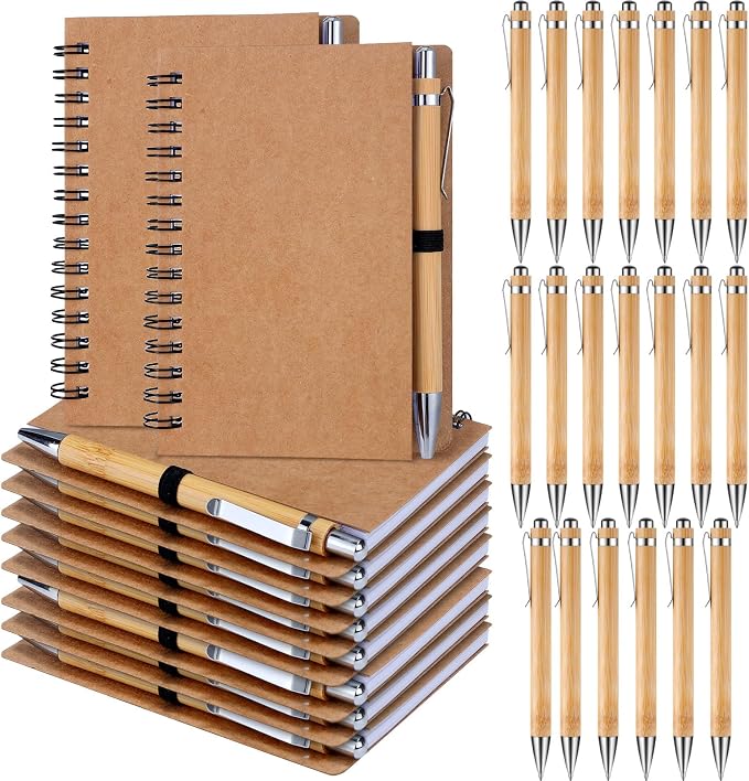Engrowtic 20 Set Bulk Notebooks with Pens Appreciation Gifts, Spiral Kraft Pocket Notebooks Lined Journal with Bamboo Pens Personalized Gifts for Employee Teachers Father's Day Back to School Favors by Engrowtic