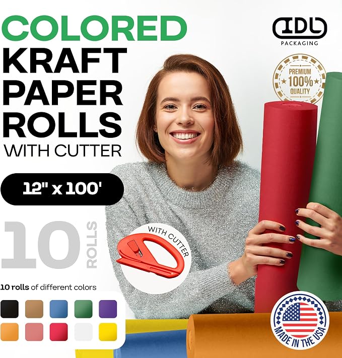 Assorted Colors Kraft Paper with Cutter, Set of 10 Rolls 12"x1200" (100 ft) | USA-Made Natural Multi-Color Kraft Paper for Kids' Crafts, School & DIY Projects, Gift Wrapping by IDL Packaging - Image 2