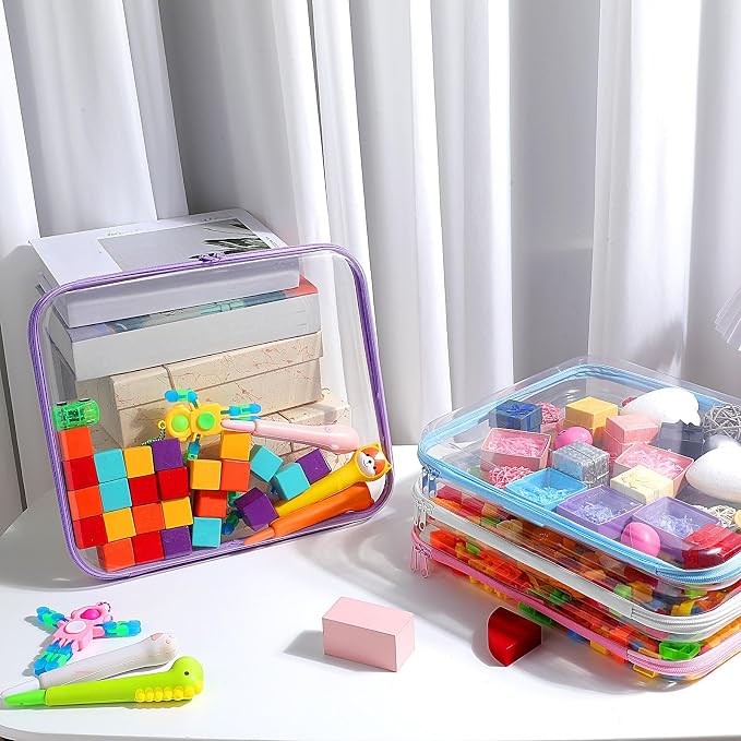 4 Pcs Hard Clear Zipper Case Makeup Bags Plastic Zipper Pouch Transparent Storage Box Containers for Cosmetics, Snacks, Building Blocks, Puzzles(Clear,13.8 x 11.8 x 2 in,Multicolor) - Image 5