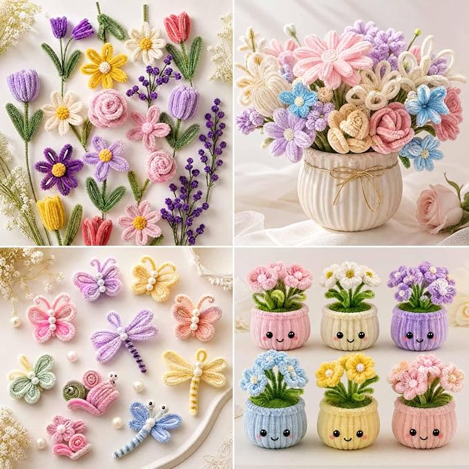 Peryiter 3600 Pcs 12 Inch Craft Pipe Cleaners Fluffy Chenille Stems Bulk with 50 Flower Stems 4 Tape and 350 Stamens for DIY Art Projects Creative Gift Wrapping Party Decorations (Macaron Color) - Image 6