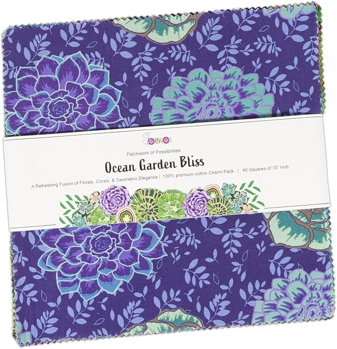 Soimoi 40 Pcs 10 x 10 inches Quilting Fabric Bundles Precut, DIY Cotton Fabric Squares, Printed Layer Cakes Patchwork Materials for Crafts Cloths Decor,Charm Squares for Quilts- Ocean Garden Bliss - Image 2