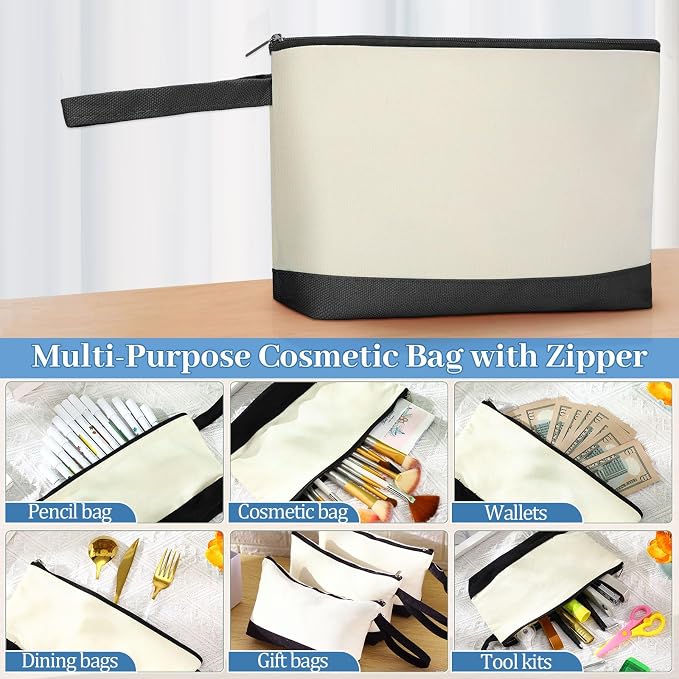 Silkfly 30 Pcs Cotton Canvas Makeup Bags Cosmetic Zipper Bags 10.2 x 5.5 x 2'' Blank DIY Pouch Bulk Pencil Case with Bottom Travel Toiletry Pouch for Women Craft Decor Gift (Black,Beige) - Image 5