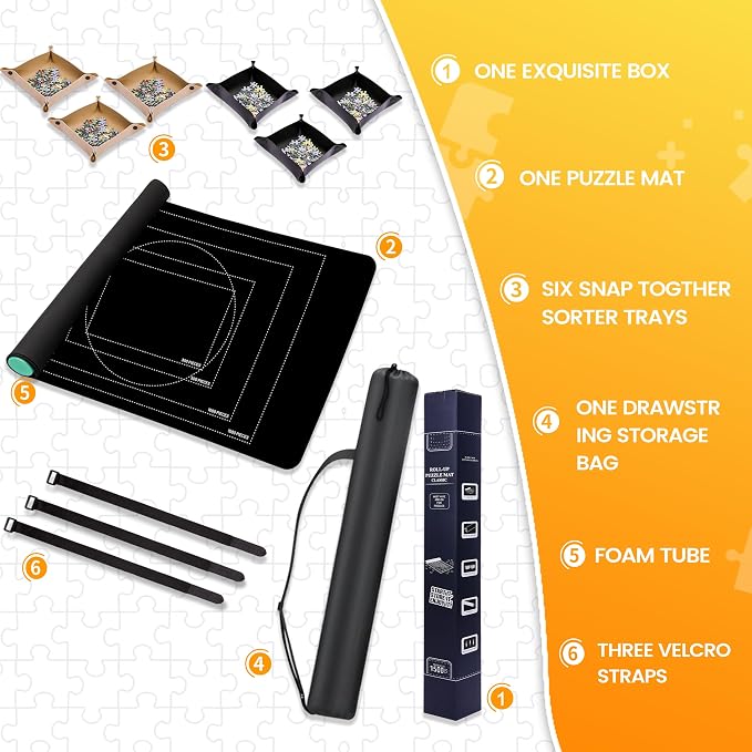 Pohxev Jigsaw Puzzle Mat Roll Up, Portable Saver Pad 43” x 26” Up to 1500 Pieces, Puzzles Matt Rollup with Non-Slip Rubber Bottom & Smooth Top. (6 Puzzle Sorting Trays & 1 Storage Bag) - Image 3