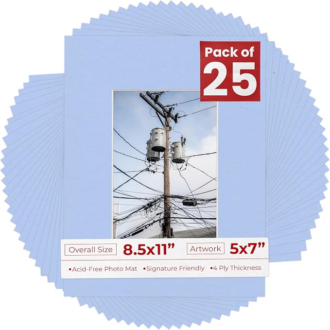 5x7 Mat for 8.5x11 Frame - Precut Mat Board Acid-Free Show Kit with Backing Board, and Clear Bags Baby Blue 5x7 Photo Matte Made to Fit a 8.5x11 Picture Frame Matboard for Framing, Pack of 25 Mats by PosterPalooza