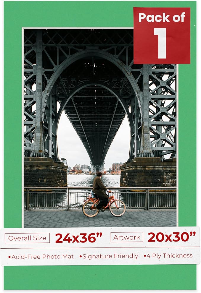20x30 Mat for 24x36 Frame - Precut Mat Board Acid-Free Bright Green 20x30 Photo Matte For a 24x36 Picture Frame, Premium Matboard for Family Photos, Show Kits, Art, Picture Framing, Pack of 1 Mat by PosterPalooza