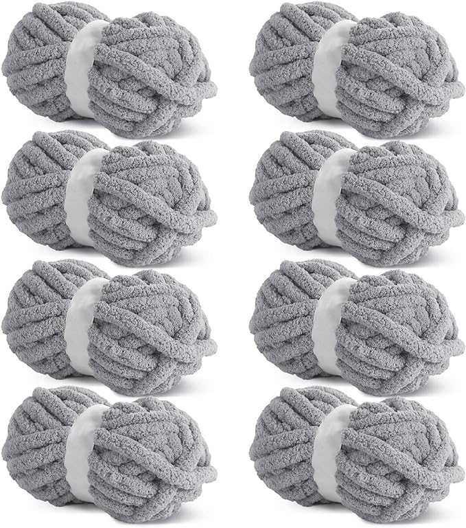 Hombys Light Grey Chunky Chenille Yarn for Crocheting & Knitting, Super Bulky Thick Fluffy Yarn for Hand Knitting Blanket, Soft Plush Yarn, 8 Jumbo Pack (27yds, 8 oz Each Skein) by HOMBYS