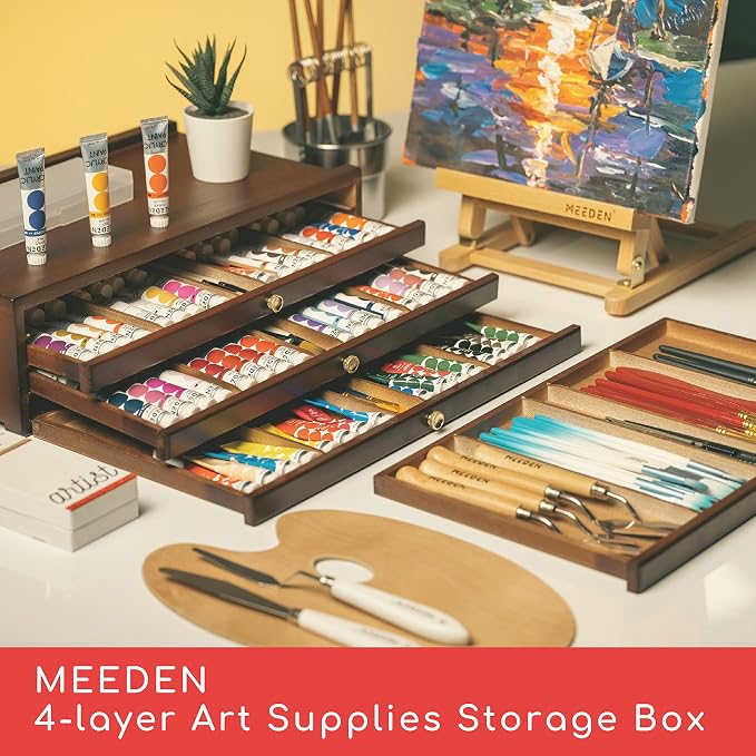 MEEDEN 4-Drawer Art Supply Storage Box - Large Capacity Multi-Function Beech-Wood Pencil Box with Drawer & Compartments for Organizing Pastels, Pencils, Pens, Markers, Brushes & Stamp, Walnut - Image 6