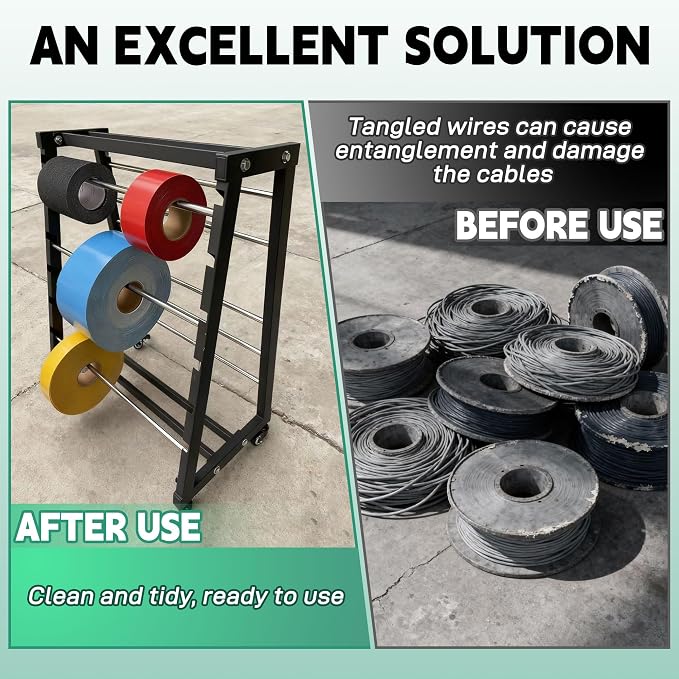 Wire Spool Rack, Adjustable Cable Organizer, 8-Rod Cord Reels | With Locking Wheels for Electrical Industrial Warehouse Reel Storage 400 lbs Capacity Wire Spool Holder up to 12 Spools Rods - Image 6