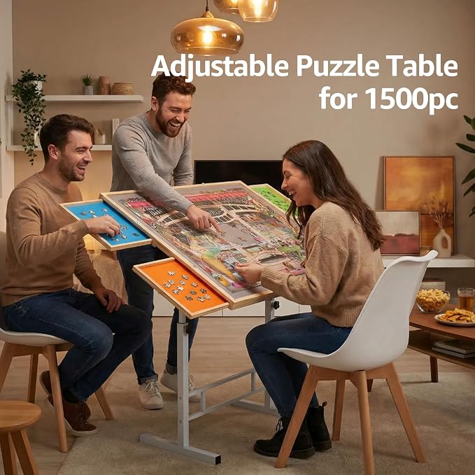 Fanwer Adjustable Puzzle Table with Drawers & Wooden Cover, 1500 Pieces | 35 x 26 in Jigsaw Board with Legs, 24.4-34.6 in Height, Tilting, 4 Drawers for Home Sorting and Storage - Image 7