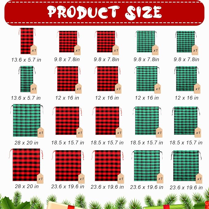 SilTriangle 20 Pcs Buffalo Plaid Christmas Drawstrings Gift Bags Reusable Fabric Christmas Bags Holiday Cotton Bag with Tag Assorted Sizes Holiday Present Bag for Gift Wrapping Storage - Image 2