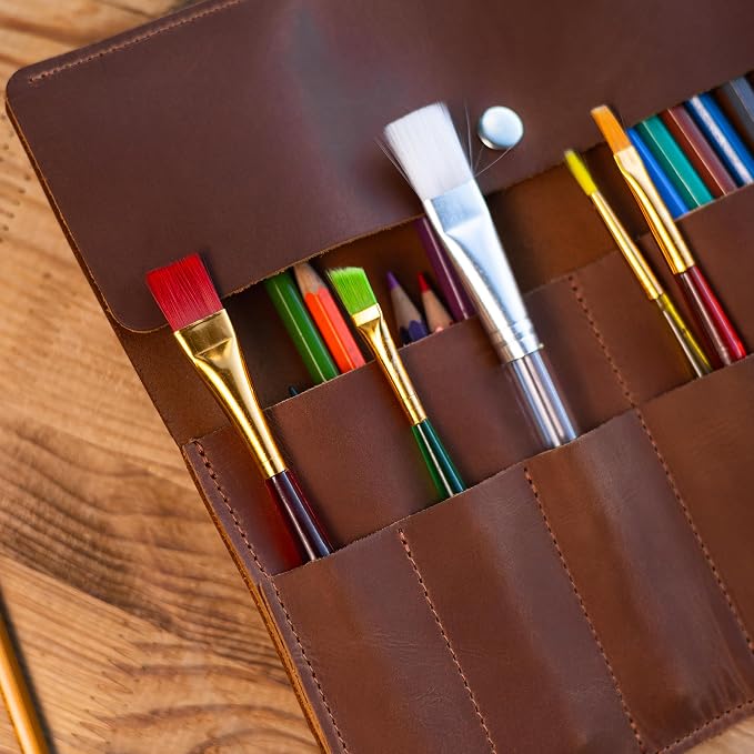 Handmade Artist Pencil Case for Adults Women, Leather Pencil Roll, Artist Gifts, Pencil Wrap Roll Up, Leather Paint Brush Case, Warm Brown - Image 8