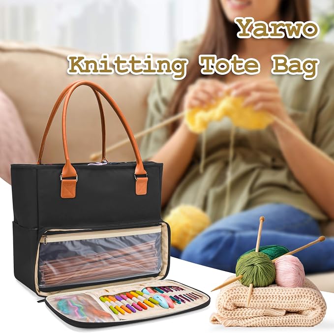 Yarwo Large Knitting Tote Bag with Crochet Hook & Needles Organizer Pockets | Yarn Storage Bag for WIP Projects, 14” Knitting Needles, Yarn Skeins, 4 Yarn Holes, Christmas & New Beginning Gifts for Women - Image 8