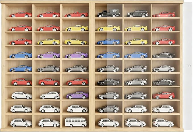 Model Car Display Case 24 x 17 in, Holds 54 Fits 1/64 Scale Toy car Storage Organizer,Wall-Mounted Toy Shelf Display Storage, Collapsible Wooden Box with 2 Acrylic Cover Plates (Only Box - Wood) by Unknown