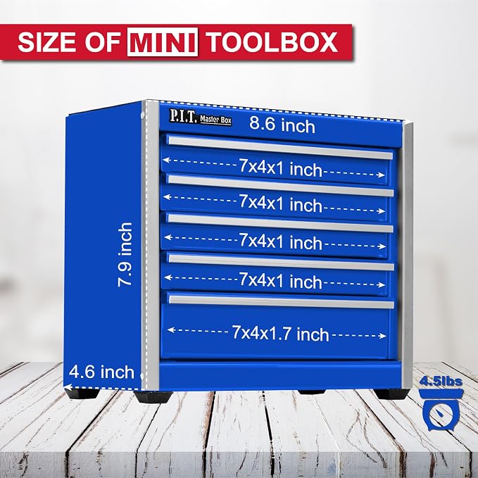 P.I.T. Mini Tool Box,Small Metal Toolbox Organizer with 5 Drawers,Blue | 8.6"W X 4.6"D Cute Size,Q235 Steel,Magnetic Locking Mechanism,PVC Drawer Liners - Image 2