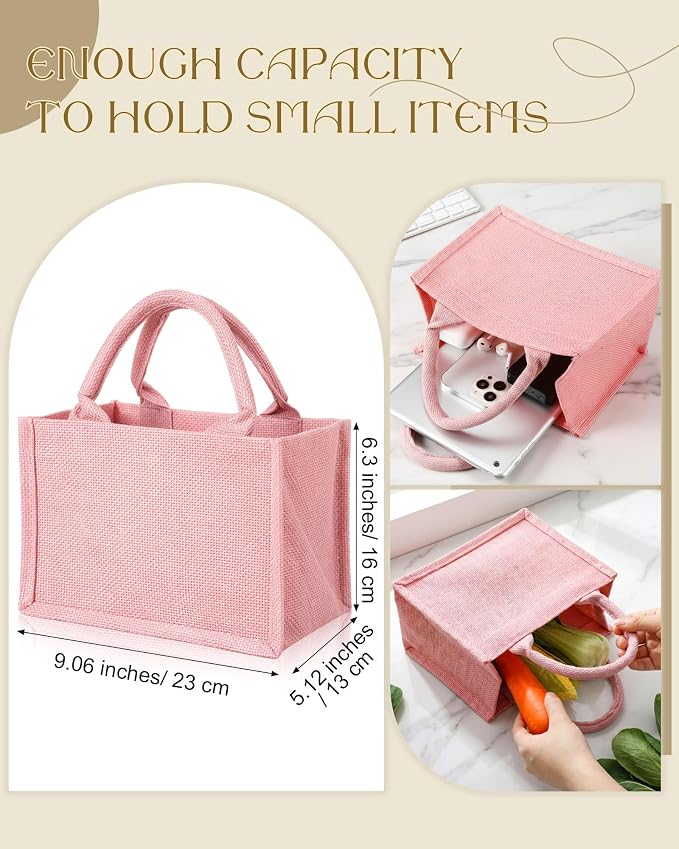 12 Pcs Burlap Tote Bag Mini Jute Reusable Bag with Handles Small Blank Canvas Gift Waterproof for Wedding Beach DIY - Image 3