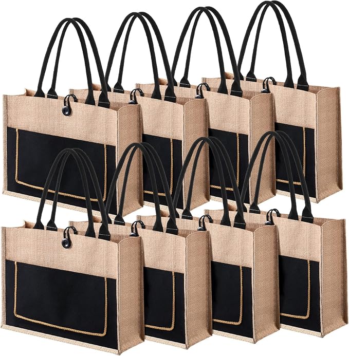 Reginary 8 Pack Burlap Jute Tote Bags 16.5x12.6x5.5 in Reusable Bags | Shopping Tote Bags with Handles for Wedding Gifts DIY Crafts Teacher Bags Grocery Beach Travel by Reginary