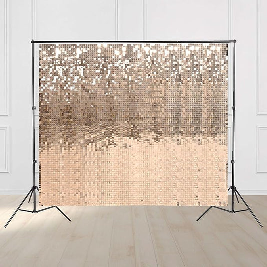 10x7 FT Shimmer Wall Backdrop with Adjustable Background Stand 72 Pcs Champagne Gold Square Sequin Panels Decor for Wedding Party
