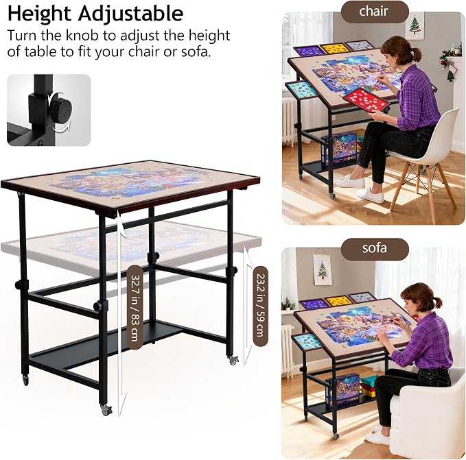 LAVIEVERT 1500 Piece Tilting Puzzle Table with 5 Colored Drawers & Cover | Angle & Height Adjustable Puzzle Board with Storage Shelf, Portable Wooden Jigsaw Table with Legs & 4 Wheels for Adults - Image 5