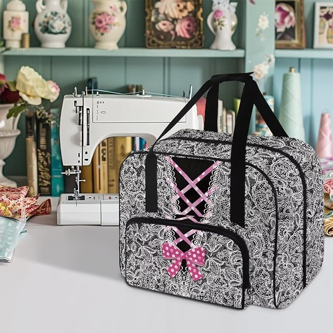Sewing Machine Tote Bag Universal Sewing Storage Dust Bag Versatile Sewing Machine Carrying Case Portable Sewing Machine Organizer Bag, V-Neck Bow Lace Print - Image 2