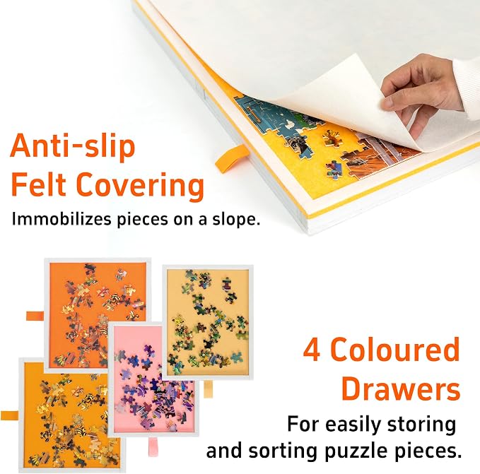 Tektalk Jigsaw Puzzle Table with Integrated Adjustable Stand/Bracket, 3-Tilting-Angle Super Lightweight Felt Puzzle Plateau Board with Cover & 4 Sorting Drawers, for Up to 1000 Pieces - Orange - Image 3