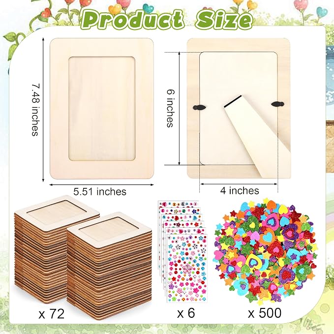 Aneco 72 Packs Picture Frame Painting Craft Kit for 4 x 6 Inch Photo DIY Unfinished Wooden Photo Frames with Diamond and Foam Stickers for DIY Crafts, Paint and Decorate - Image 2