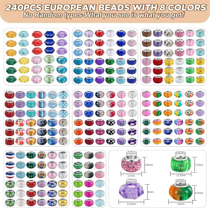 Aipridy 248 PCS European Large Hole Beads, Colorful Glass Charm Beads Set, Assorted Patterns and Designs Rhinestone Craft Beads for DIY Bracelet Jewelry Making (247, Mixed Pack by Color) - Image 2