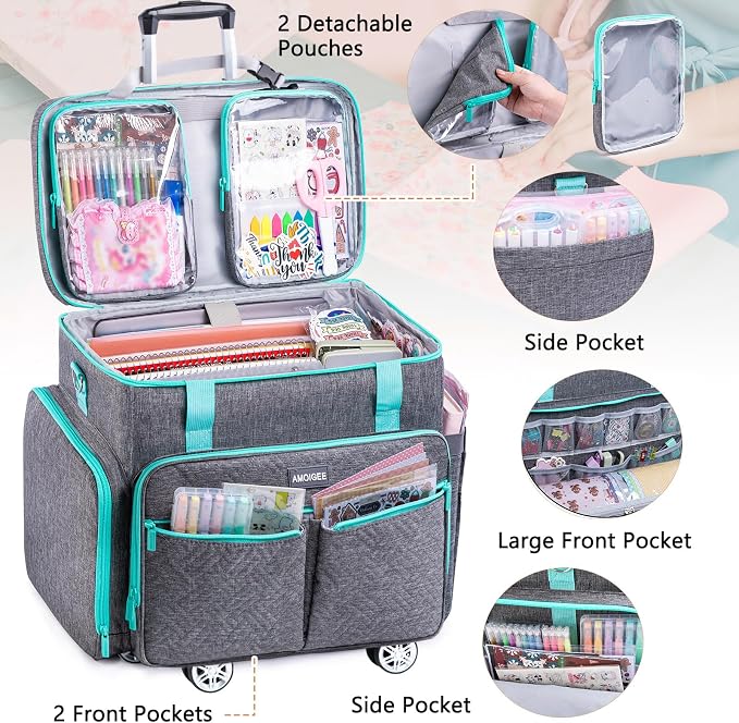 AMOIGEE Rolling Tote Bag with Wheels and Handle, Sewing Machine Case, Craft Organizer Tote for Scrapbooking Storage, Teacher Rolling Bag, Craft Supply Storage, Art Bag, Rolling Cart for Teachers - Image 4