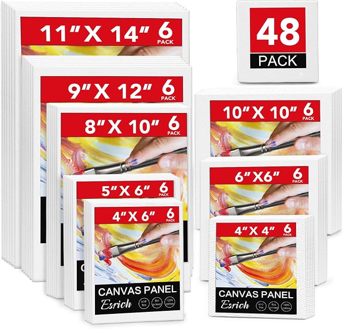 ESRICH 48 Pack Canvas Boards for Painting, 6Pcs of 4x4, 4x6, 5x6, 6x6, 8x10, 10x10, 9x12, 11x14 Canvas for Painting, Cotton Primed Blank Painting Canvas Panels for Oil, Acrylic, Watercolor by ESRICH