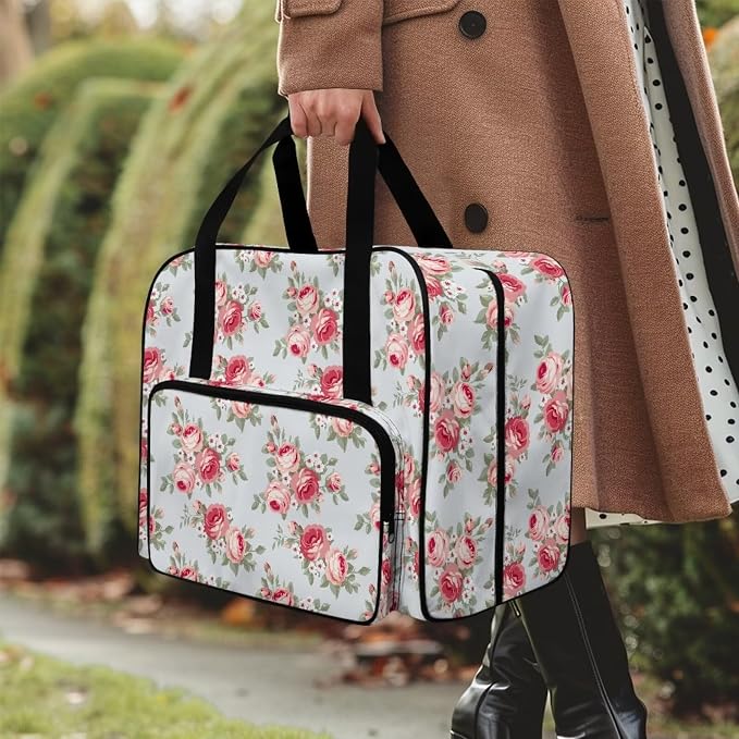 Rose Sewing Machine Carrying Case Portable Tote Bag Heavy Padded Sewing Machine Dust Cover Large Capacity Handbag for Sewing Machines Sewing Machine Bag for Home Use - Image 3