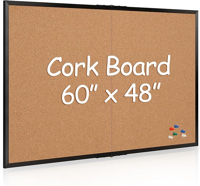 Extra Large Cork Bulletin Board 60" X 48", Foldable Notice Pin Board for Wall, Black Wood Framed 5'x4' Corkboard, Wall Mounted Noticeboard with 32 Push Pins for School, Home & Office by Justdowhatyouwanttodo