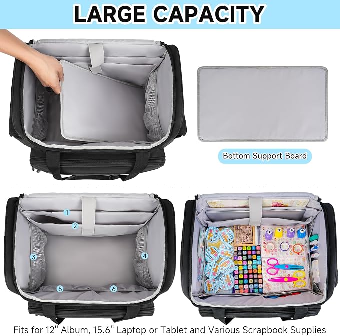 Rolling Craft Bag, Large Craft Bag with Wheels for Scrapbook Supplies | Scrapbook Tote with 15.6'' Laptop Sleeve, Rolling Art Supply Storage for Scrapbooking Tools, Black (Bag Only) - Image 2